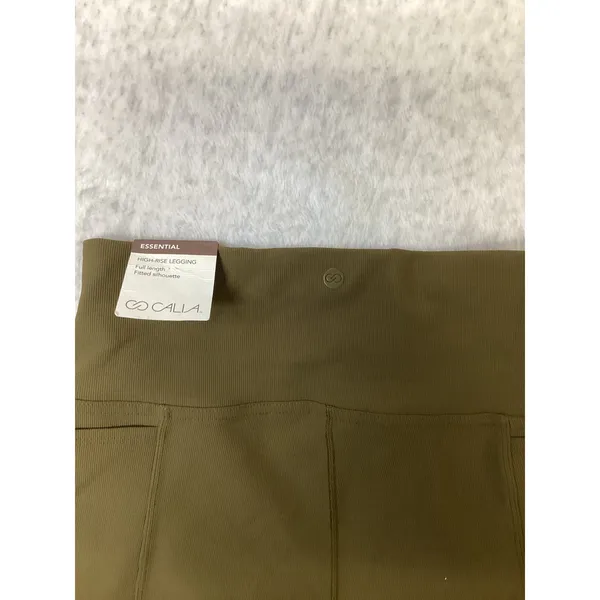 CALIA Essential High Rise Leggings Olive Green Ribbed Side Pockets Womens Small - Image 3