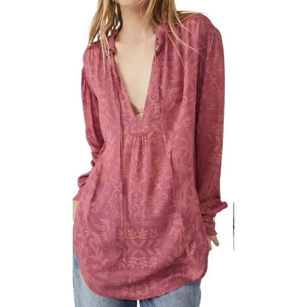 Free People Mia Floral Print Plunging Tie Neck‎ Long Sleeve Tunic Top Size Small - Image 4