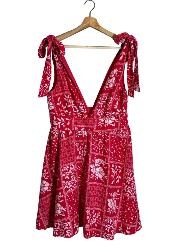 House of Harlow 1960 Linen Bandana Print Mini Dress Women Medium Red Bow Revolve - Image 4