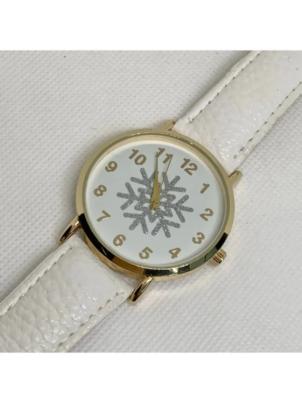 Gold tone women’s watch snowflake dial 40mm quartz analog white leather running - Image 3