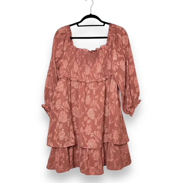 Pink Lily | Textured Floral Long Sleeve Cinched Bust Smocked Mini Tiered Dress L - Image 4