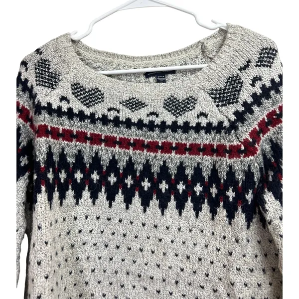 American Eagle Outfitters Holiday Heart Fair Isle Sweater Gray Wool Blend Small - Image 3