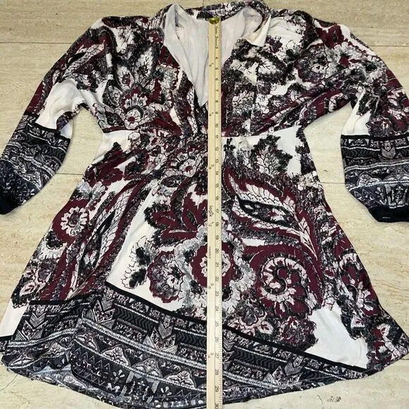 Free People Dress Womens XS Kimono Satin Babydoll Maroon Floral Boho Flowy‎ - Image 4
