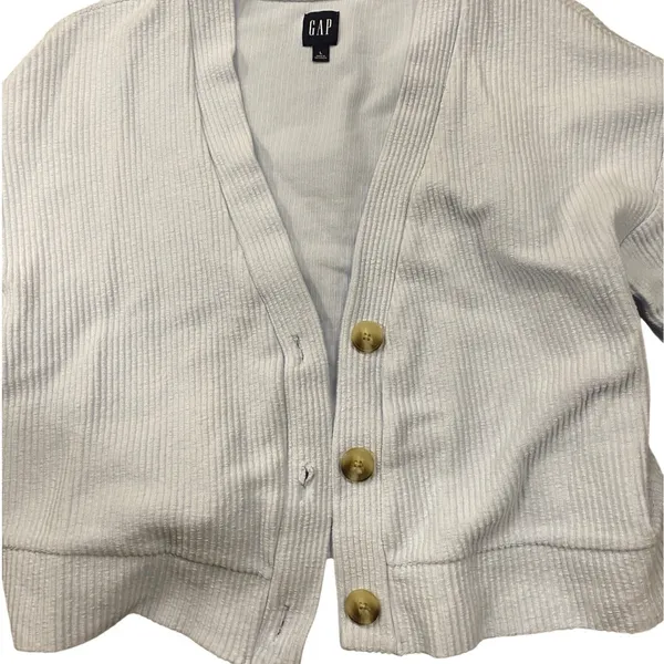 GAP Cardigan Light Blue Ribbed Knit Button Front Cropped V Neck Women's Size L‎ - Image 4