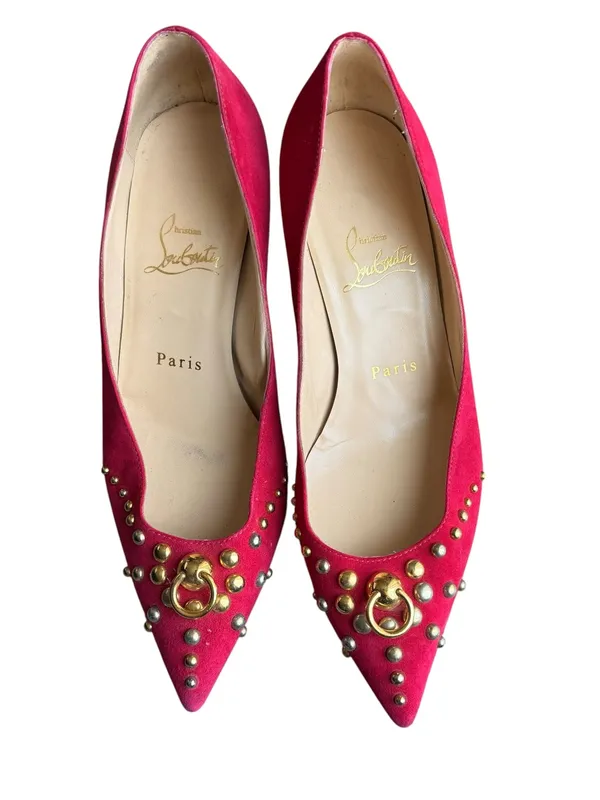 Christian Louboutin - Pink Suede Studded Pointed Toe Kitten Heel Pumps Sz 37 - Image 2
