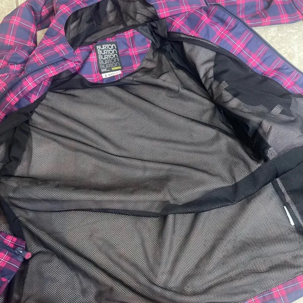 Burton Womens Plaid Hooded Rain Jacket Pink Navy Blue Mesh Lined Pit Zips Sz SM - Image 9