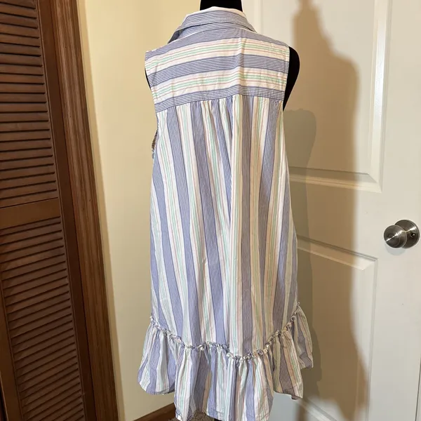 Maeve Anthropologie Womens Medium Striped Sleeveless Ruffle Hem Shirt Dress Blue - Image 3