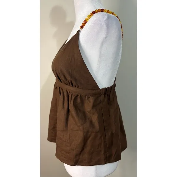 Rachel Zoe Cami Top Womens XS Brown NEW Beaded Strap Linen Blend Babydoll V-Neck - Image 6
