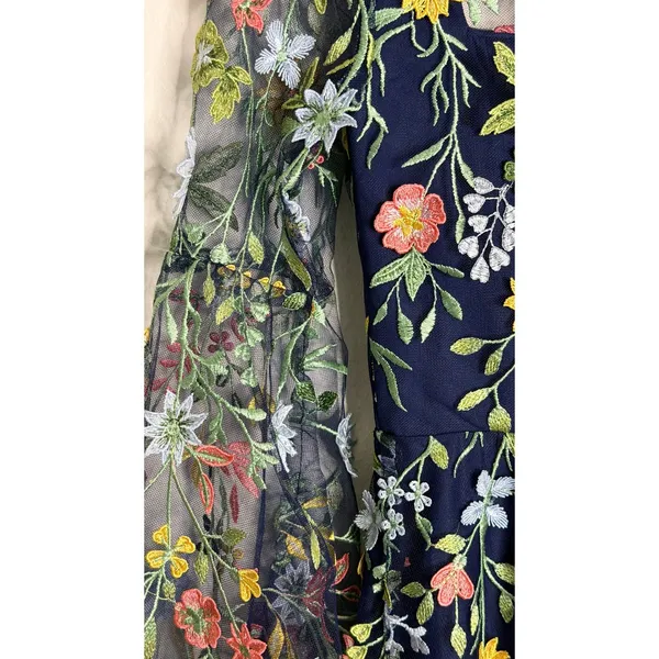 Floral Embroidered Mesh Midi Dress Sz 6 Bell Sleeve Cottagecore Navy - Image 8
