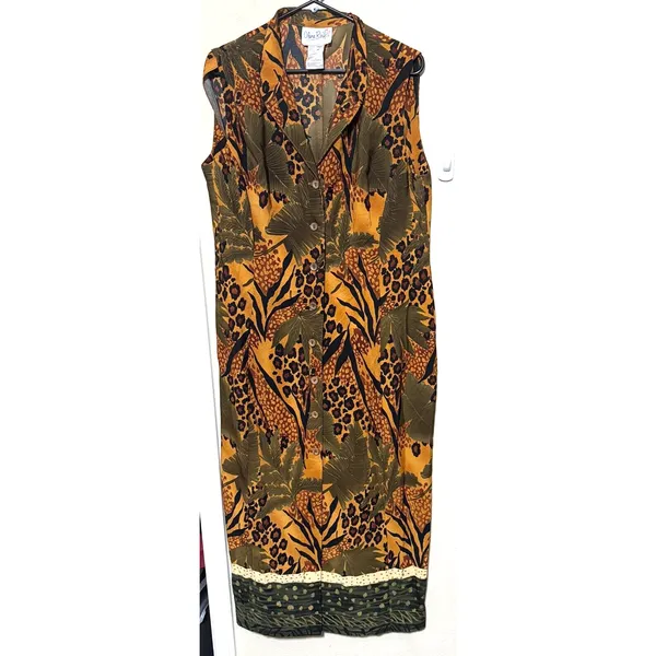 Vintage 90s Olivia Rose Sz 16 Midi Dress Safari Jungle animal print‎ Sleeveless - Image 2