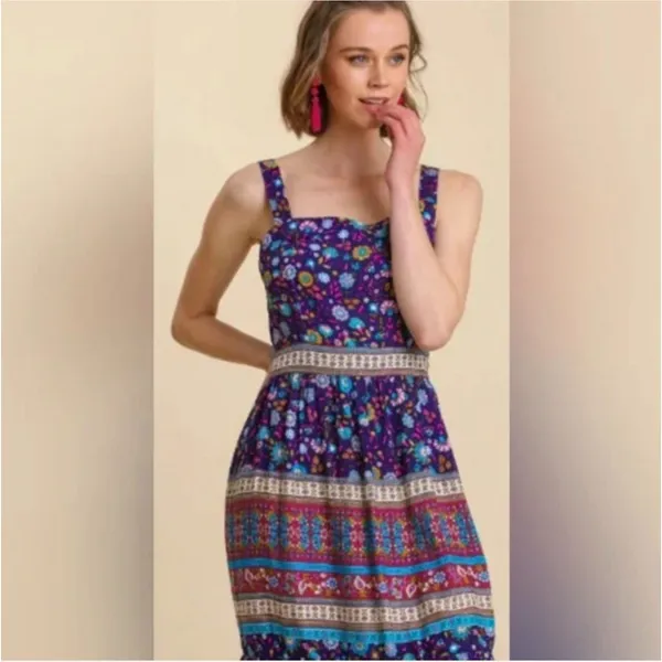 Umgee Size-L Boho Tiered Maxi Dress‎ | Blue Floral Paisley - Image 2