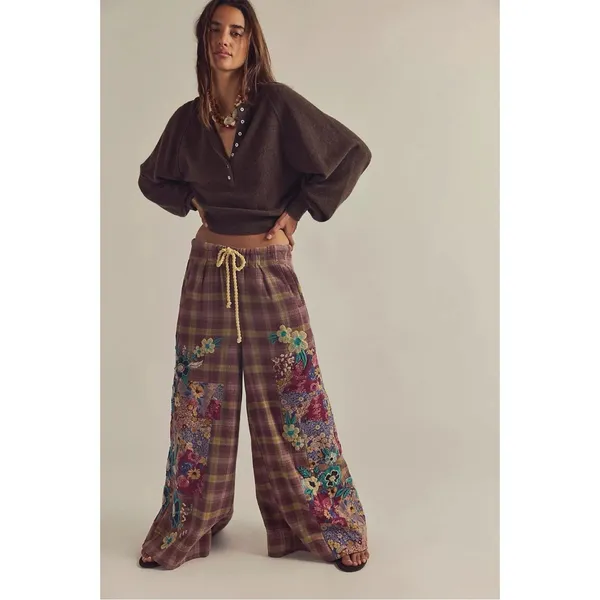 Free People Bohemian Brooks Embroidered Plaid Wide Leg Patchwork Pants Size XL - Image 3