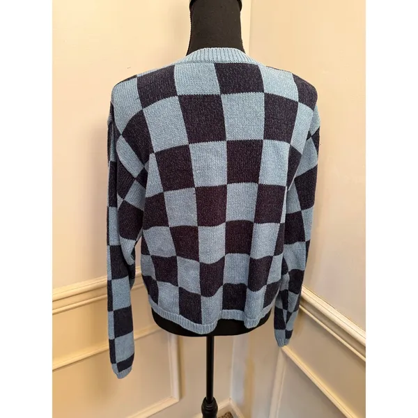 Vintage Liz & Co Checkerboard Knit Cardigan Sweater Blue Y2K Button Up Retro - Image 4