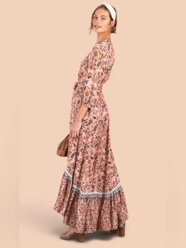 FARM Rio 100% Viscose Pink Floral Wrap Long Sleeve Maxi Dress Size Medium🌸💗 - Image 3