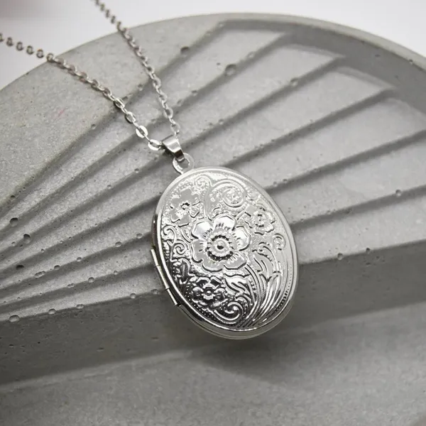 Floral Design Oval Locket Necklace Silver - Image 2
