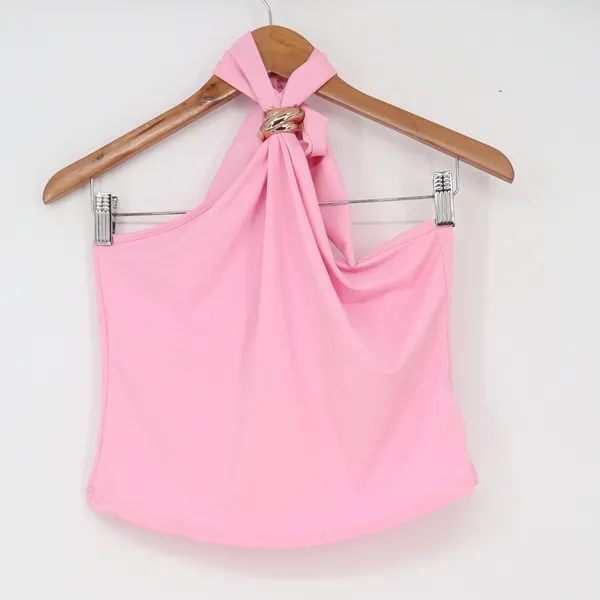 Halter Top Womens L Draped Gold Hardware Pink Sleeveless Good - Image 2