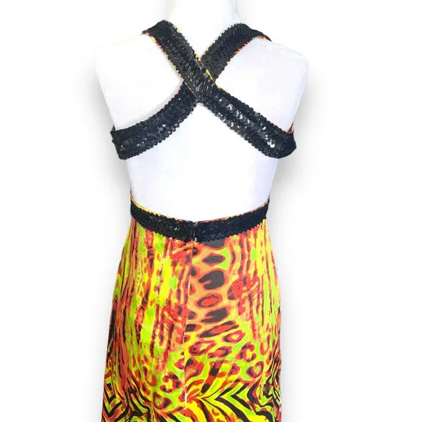 Y2K Zum Zum Niki Livas Neon Animal Print Sequin Halter Maxi‎ Dress XS Open Back - Image 7