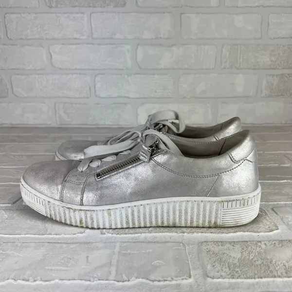 Gabor Platform Sneakers Womens 8 Silver Leather Metallic Lace Up Zip Comfort - Image 5