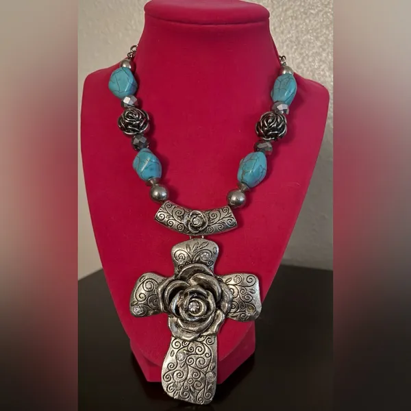 Ornate Silver Turquoise Cross Necklace | Western Boho Statement Chunky Religious - Image 4