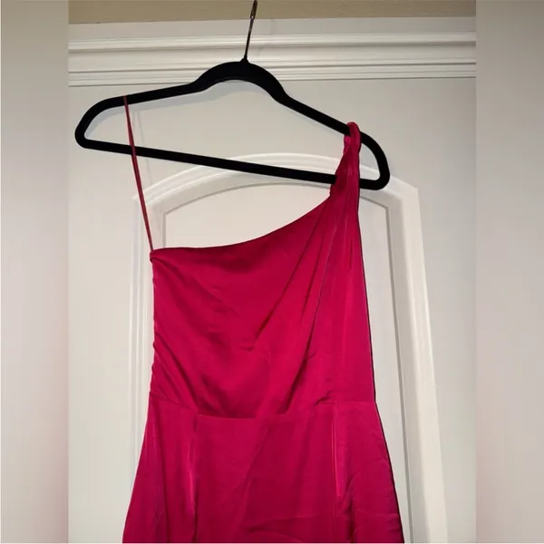 AMUR Deena One Shoulder Midi Dress in Rosie Raspberry‎ Hot Pink Satin Cut Out 4 - Image 6