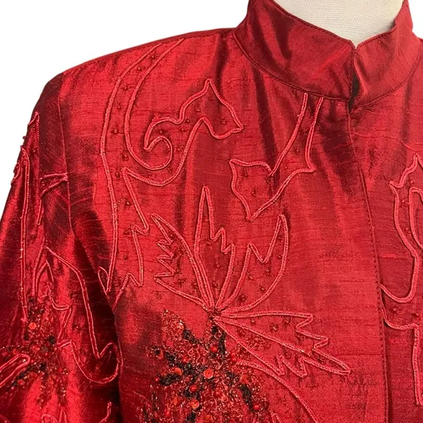 Vintage Anage Red Silk Beaded Sequins Kimono Jacket Sz S Artsy Boho Embroidered - Image 3
