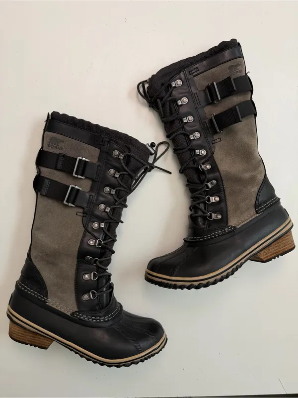 Sorel Boots Conquest Carly Leather Tall Lace Up Buckles Moto Olive Green Black - Image 5