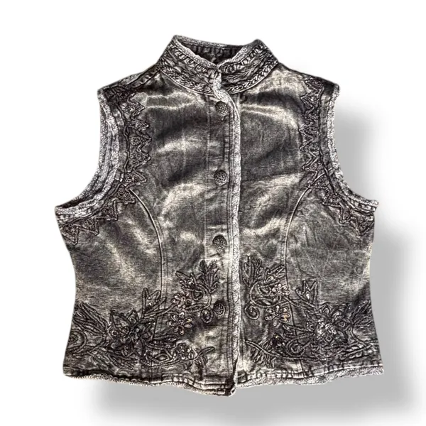 Vintage Gray Embroidered‎ Beaded Mandarin Collar Boho Vest Artisan Western Layer - Image 3