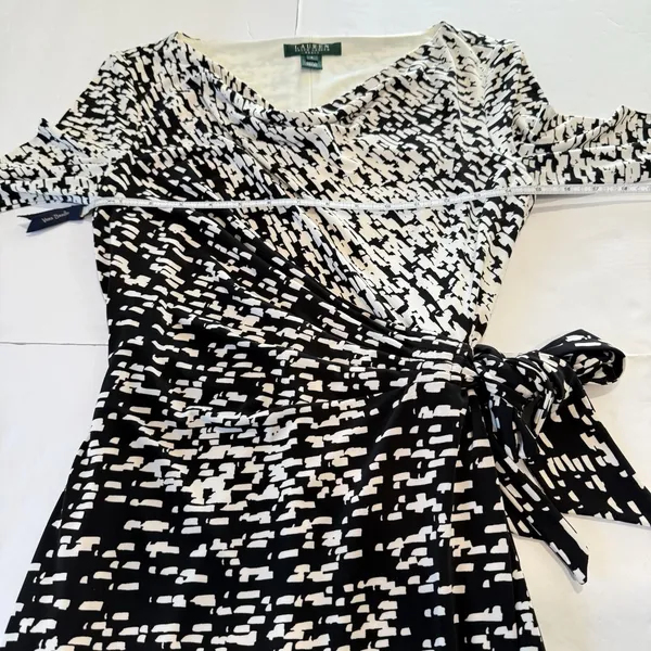 Ralph Lauren Black White‎ Geo Faux Wrap Tie 3/4 Sleeve Stretch Sheath Dress 4 - Image 6