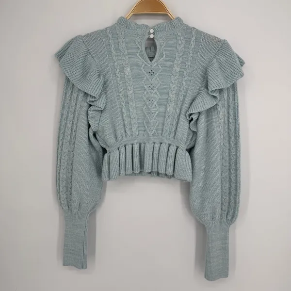 MAJORELLE Langley Cable Ruffle Sweater Small Blue Coquette Cottagecore Boho - Image 7