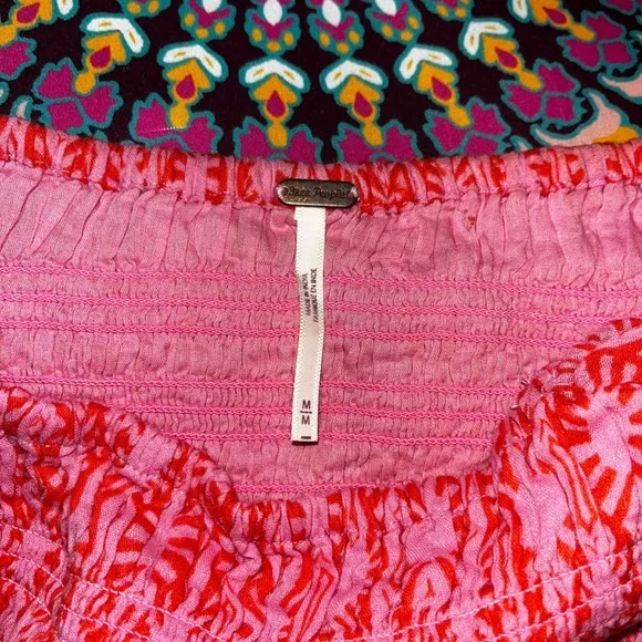 Free People Sweet Annie Smocked Mini Dress Pink Red Geometric Tiered‎ Ruffle Med - Image 6