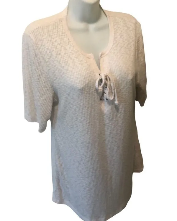 BKE Off White Lace Up Ribbed SS Casual Stretch Shirt Size XL Fall Fashion - Image 2