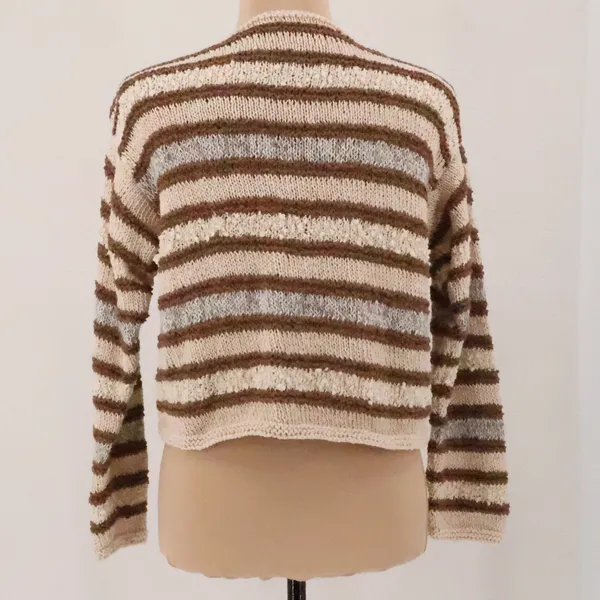Striped Cropped Cardigan Sweaters Womens Size M Brown Cream Boho Cottage Neutral - Image 4