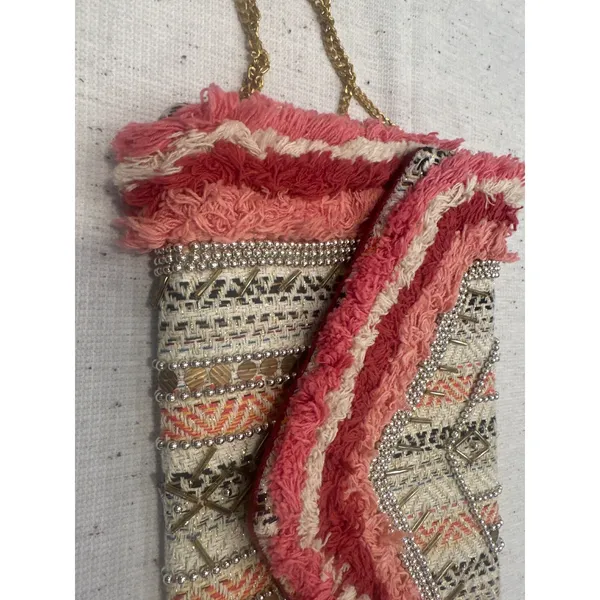Antik Kraft Boho Beaded Fringe Envelope Clutch Crossbody Bag Pink Red fairy - Image 3