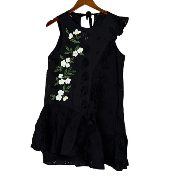Zara Delicate Eyelet Floral Daisy Embroidered Sleeveless Mini Dress Large Black - Image 12