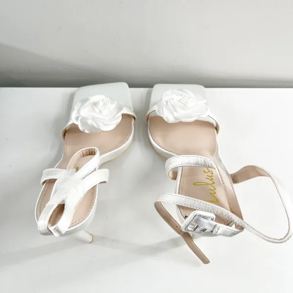 Lulus Aerianna Satin Floral Rosette Ankle Strap Square Toe Sandals White 8 - Image 8