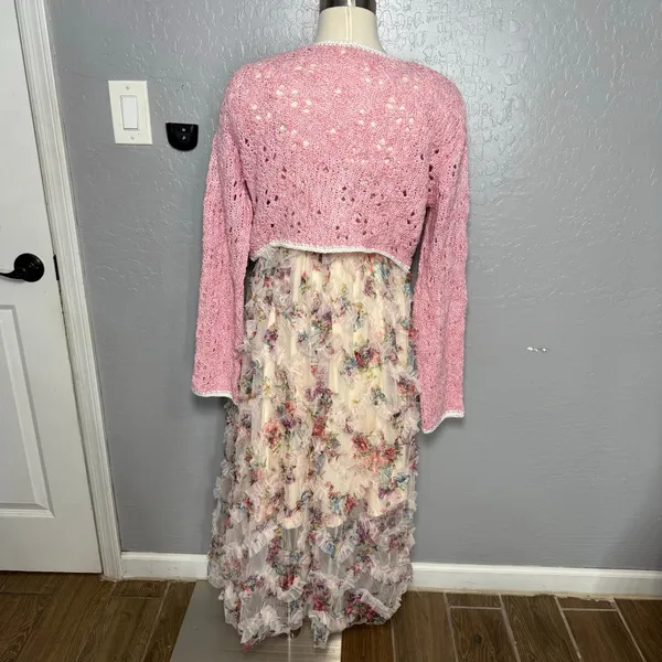 Cider 2 Piece Cottage Ruffle Midi Ruffled Dress with Pink Cardigan, M - Image 2