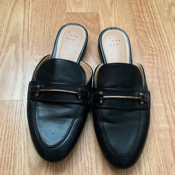 Women’s Black Slip On Mules Flats with Gold Buckle - Image 4