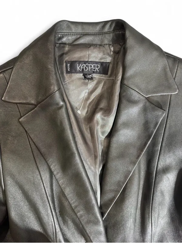 Kasper Dark Olive Leather Single-Button Blazer - Image 2