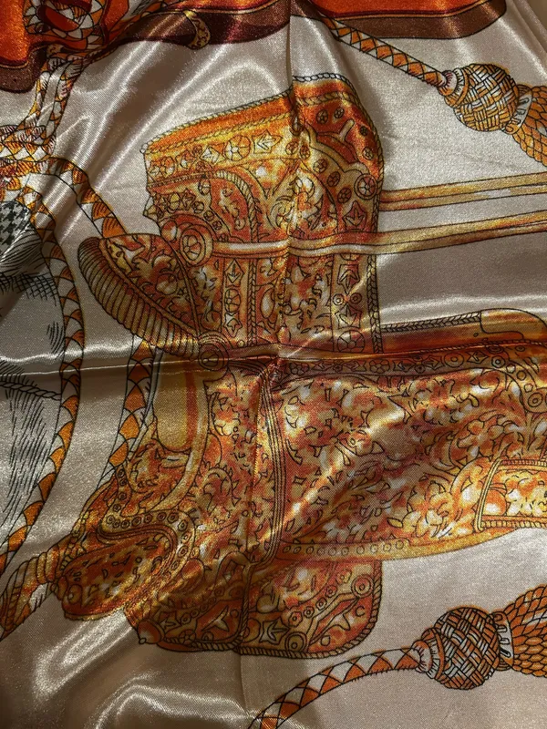 VINTAGE Equestrian ivory/ORANGE Horses&Tassels Print silky Scarf 35’/35’ - Image 19