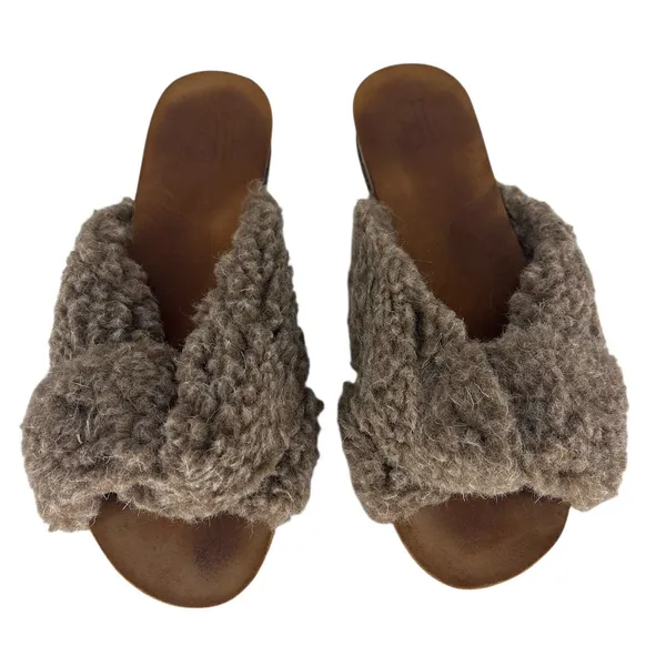 Flattered‎ Lou Teddy Knotted Genuine Shearling Slide Sandals in Taupe - Image 3