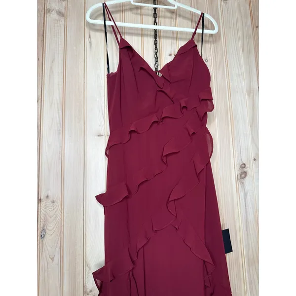 NWT Lulus Fancy Sweetness Wine Red Ruffled Lace-Up Sleeveless Maxi Dress Gala S - Image 4
