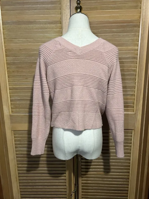 Full Circle Trends Pink Knit V-Neck Drawstring Front Long Sleeve Pullover - Image 2