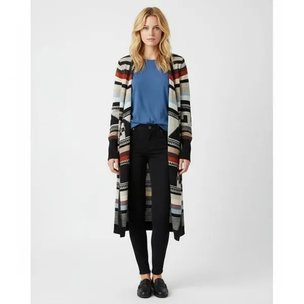 Free People Multi Color Aztec Tribal Print Knit Open Front Duster Sweater M - Image 6