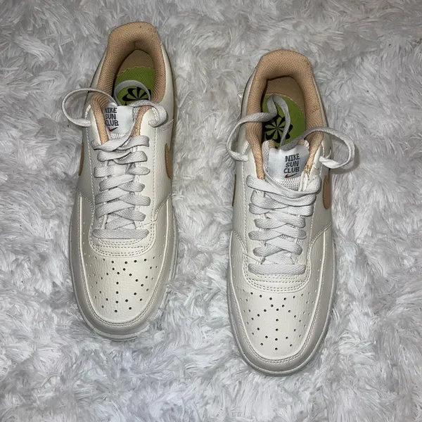 Nike Court Vision Low Basic White and Neutral Sneakers Tan Swoosh - Image 3