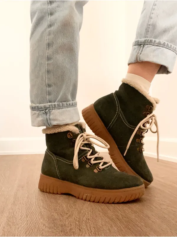 White Mountain Dark Green Leather Faux Fur Lace-Up Boots with Tan Sole - Image 3