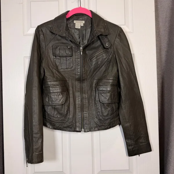 Boston Proper Leather Moto Jacket‎ Women's Size 2 Olive Green Zip Front Pockets - Image 4