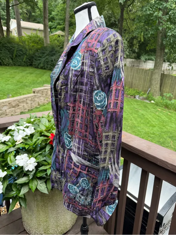 Blazer Glory VTG Purple Blue Black Floral Rayon/Acetate Blazer Sz S 9654 - Image 4