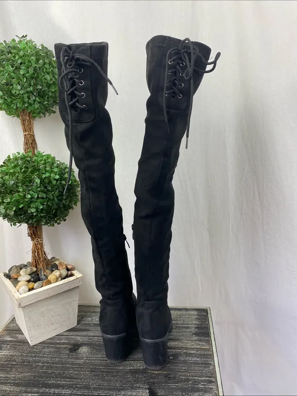 Dream Paris Black Laurence Chunky Sole Thigh High Faux Suede Boots 7.5 - Image 4
