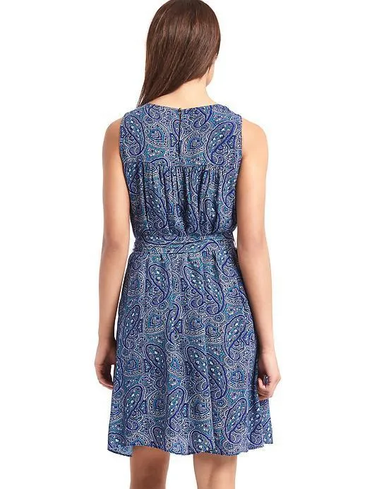 GAP Blue Paisley Shirred Swing Dress Tie Waist Pockets Size M - Image 2