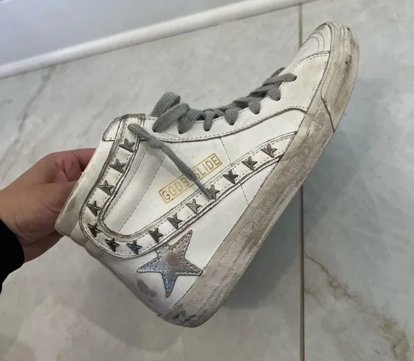 Golden Goose White Slide Silver Metallic Leather Star Flash High Top Sneakers - Image 4